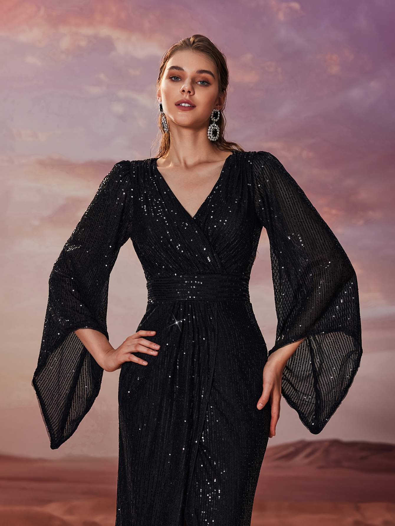 sequin wedding guest dress with sleeves Exquisite Midi Length Buttock Sequin Wedding Guest Dresses with Lanter
