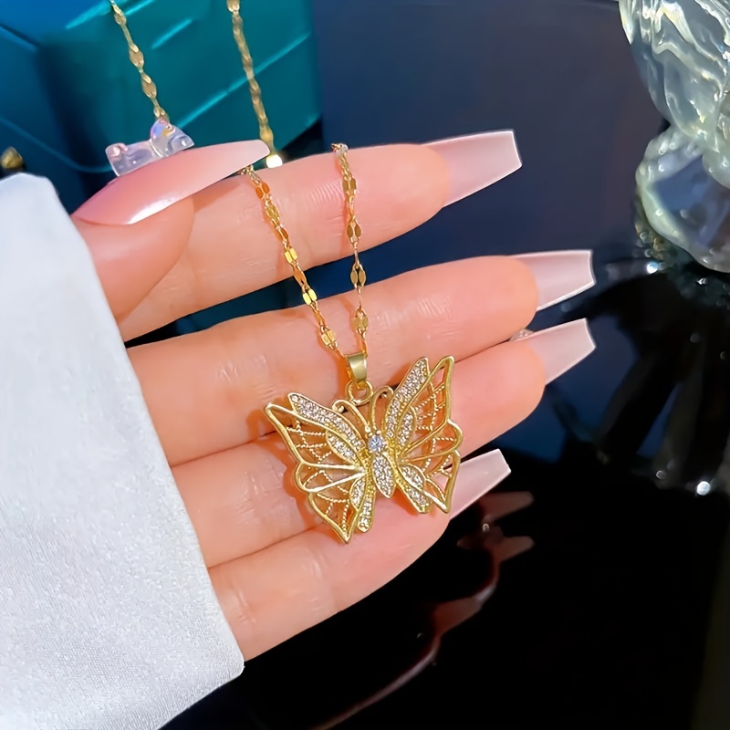 

Chic Golden-tone Stainless Steel Butterfly Pendant Necklace With Zirconia - Perfect Gift For Women, Ideal For Parties & Birthdays