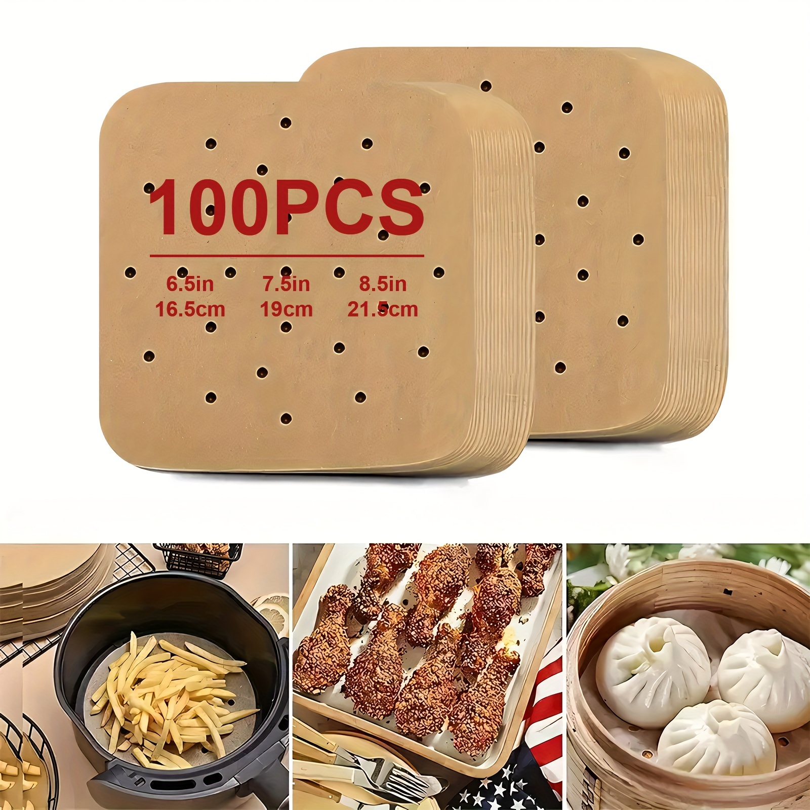 

100pcs, Air Fryer Parchment Paper, 6.5/7.5/8.5 Inches Square Perforated Air Fryer Disposable Paper Liners For Air Fryer, Bamboo Steamer, Oven, Kitchen Baking Tools