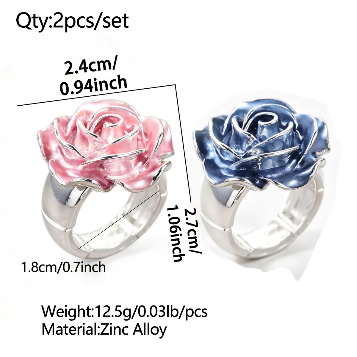 Women's 2pcs Vintage 3D Enamel Rose Flower Statement Ring Set