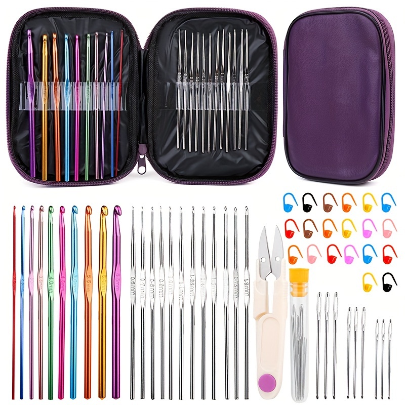 

Crochet Hooks Set With Storage Bag, Ergonomic Metal Needles, Blunt Stitch Markers, Diy Hand Knitting Craft Tools, All-season, Assorted Colors, For Beginners