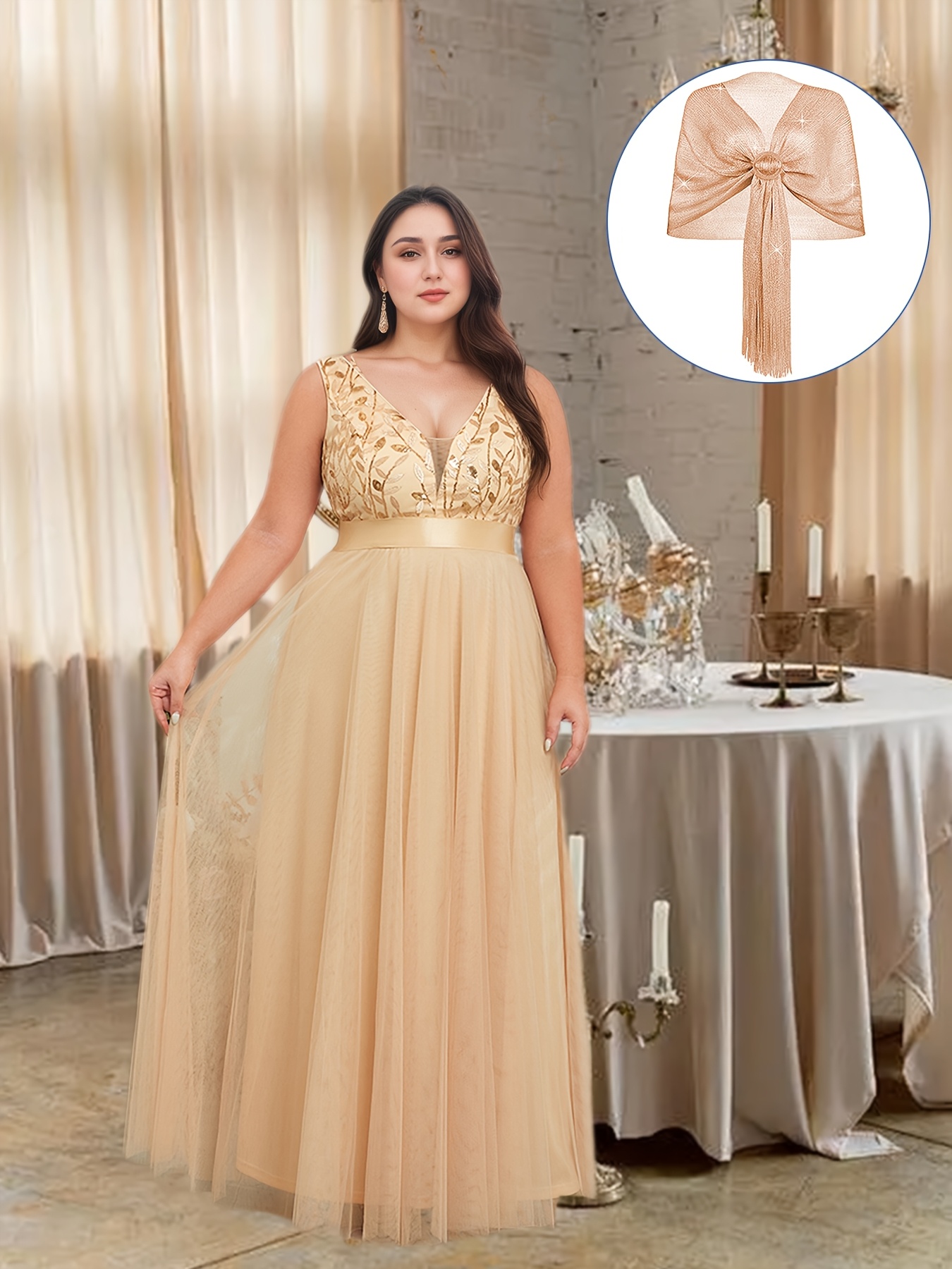 plus size women dress shawl v neck sequin embroidery - Temu