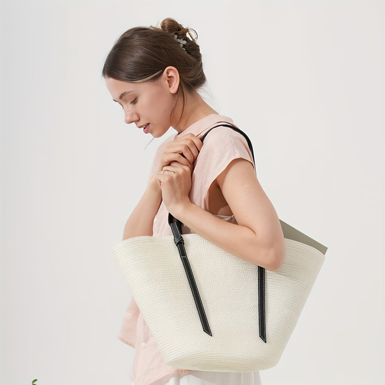 Women's Large Capacity Open Top Tote Bag Beige/Brown/Black, Sturdy  Handles for Beach, Shopping, Work Elegant Natural Look Everyday Carryall, 