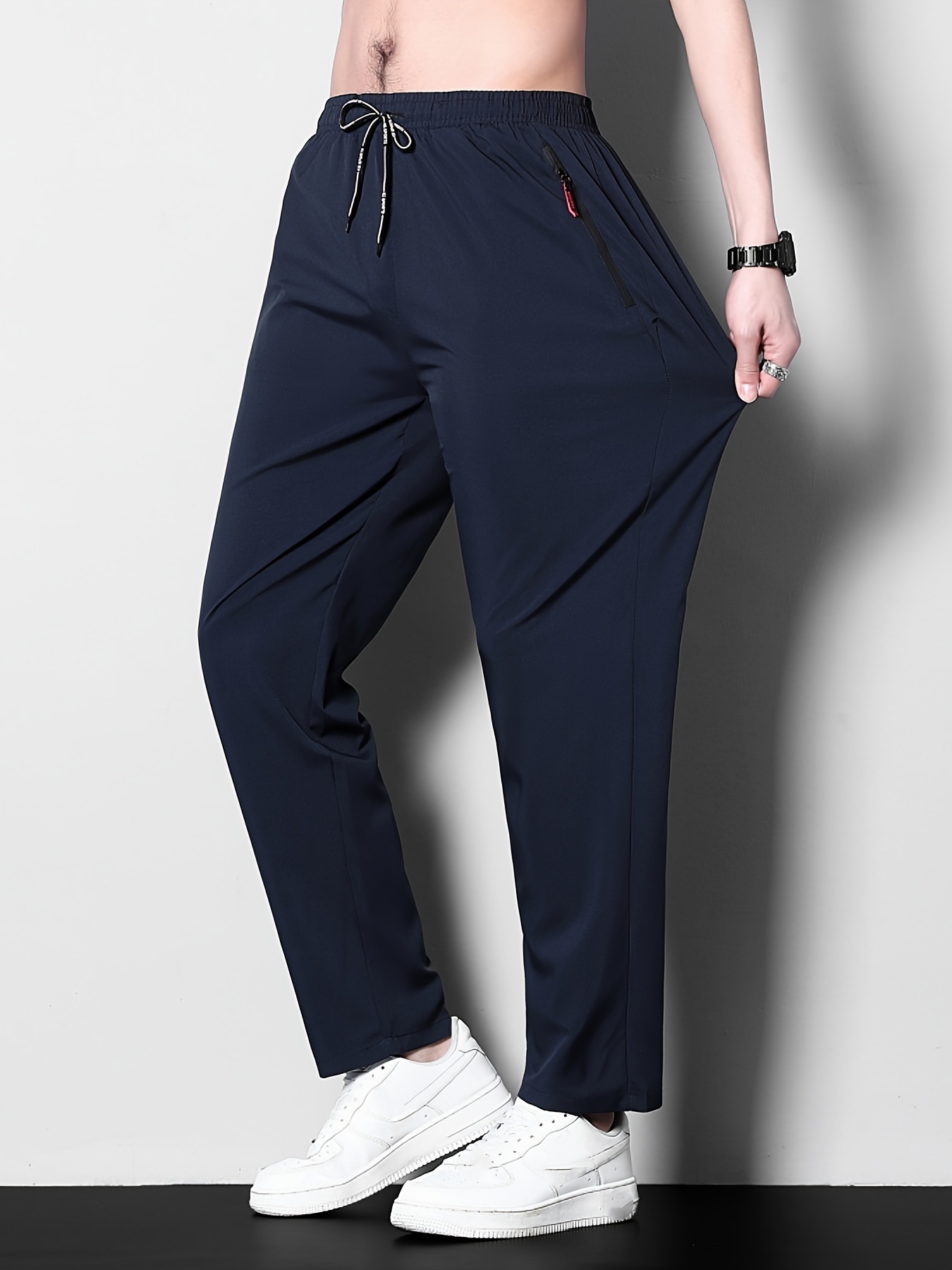1pc Men'S Plus Size Casual Sports Pants, Polyester Stretch, Solid Color, Regular Fit, Zipper Detail, Spring/Summer Collection