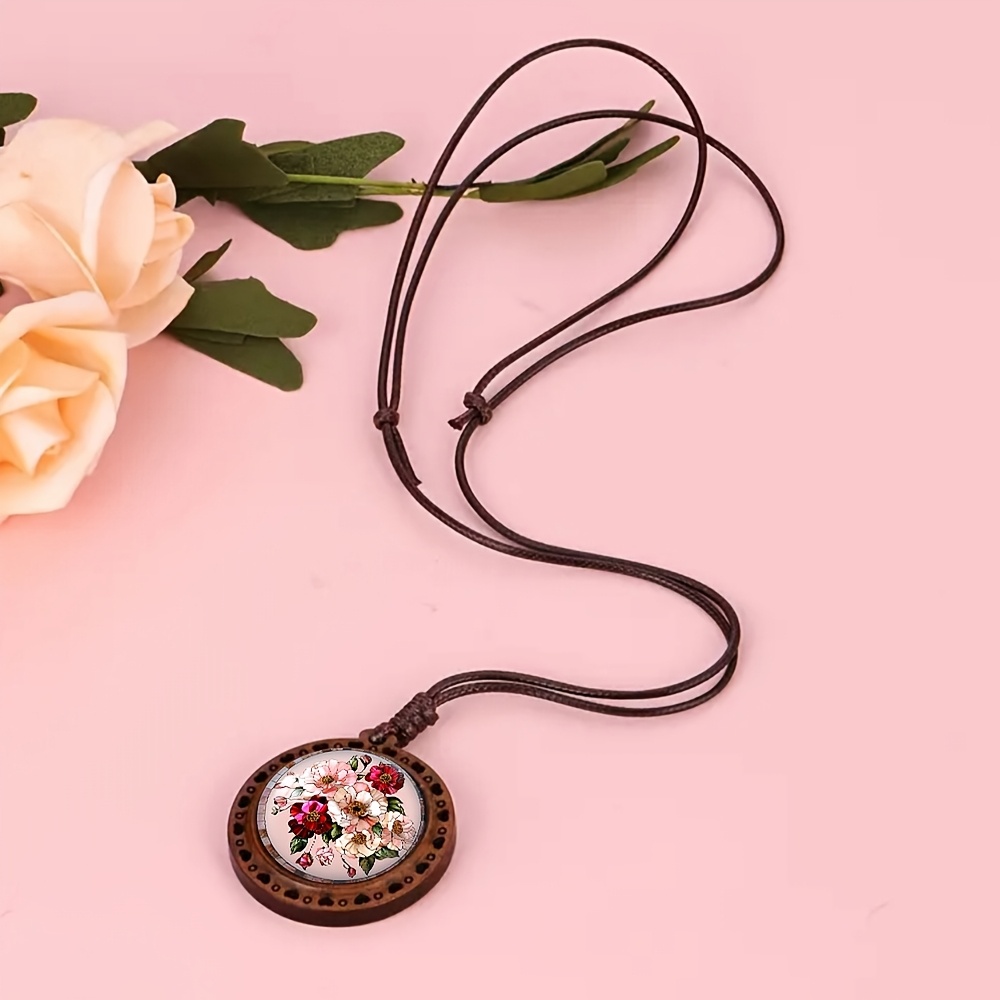 Wood Bead Necklace with Pink Red Flower