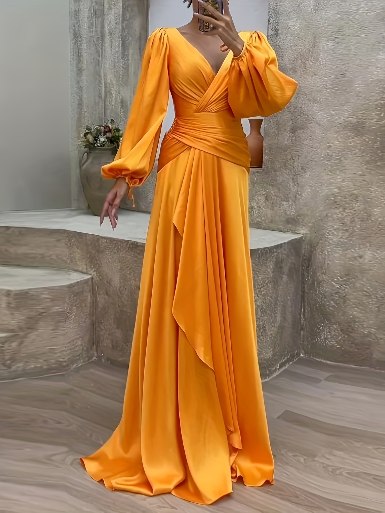 Women'* Color Elegant Party Dress V-neck Lantern Long Sleeved High Waisted  Irregular Pleated * Fit Dress