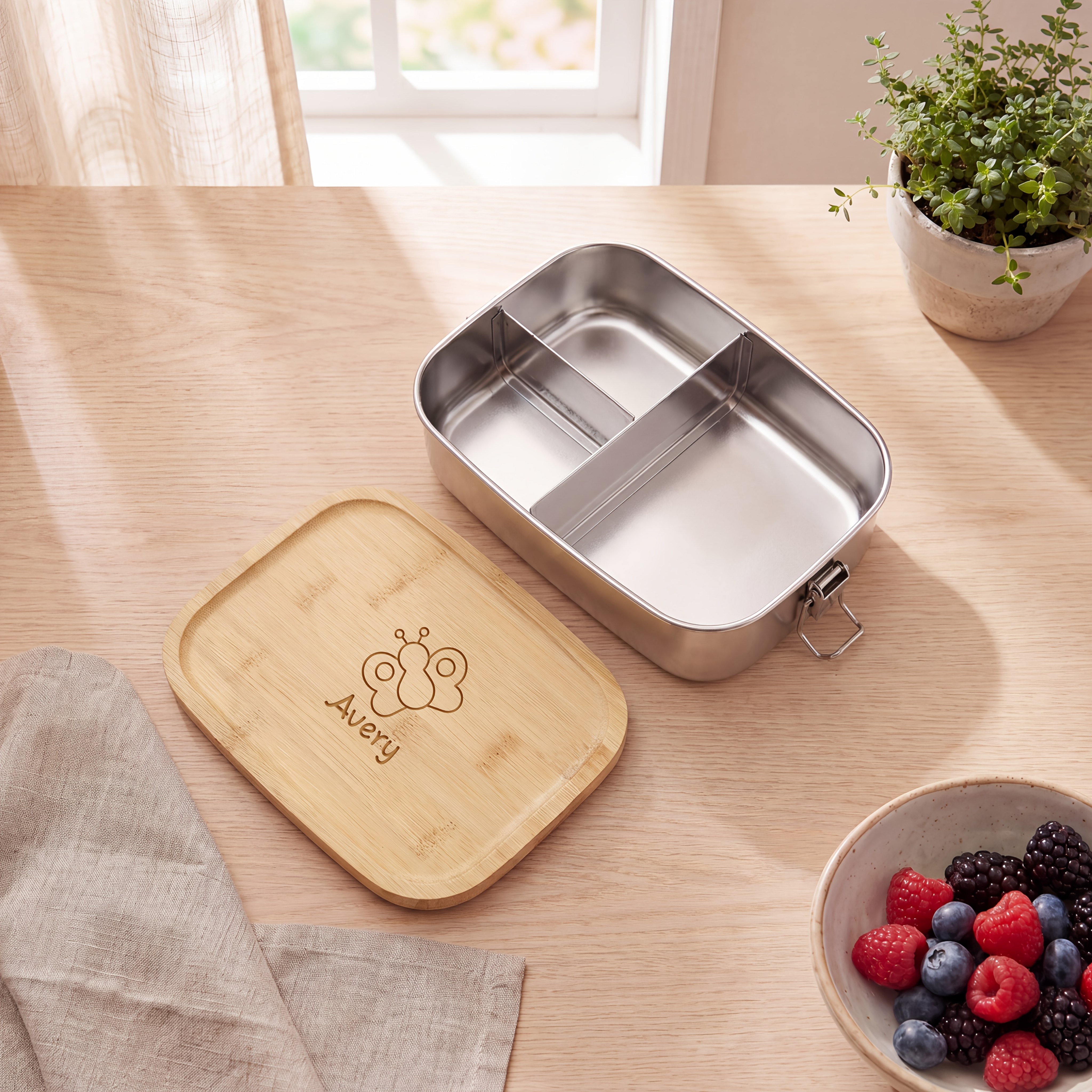 TEMU 1pc Custom Stainless Steel Bento Box, Personalized Lunch Box With Engraved Wooden Lid For Office, Picnic, Daily Lunch, Christmas Gift