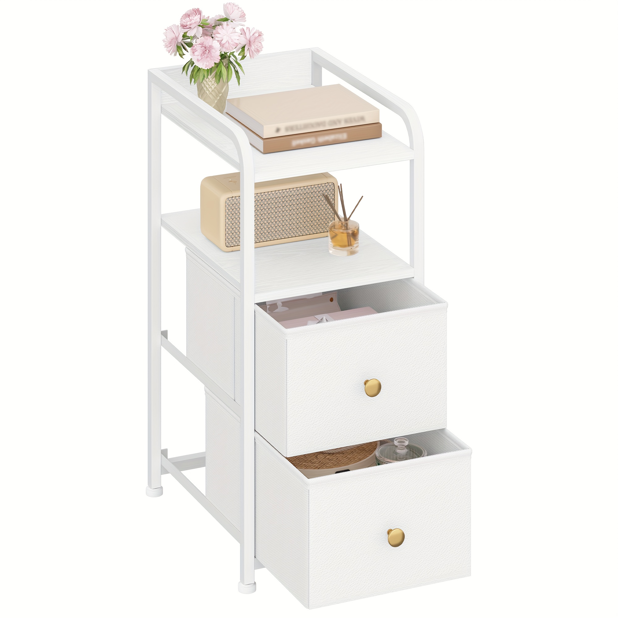 Fabric Chest Of Drawers, Narrow Side Table With 2 Drawers, Narrow Bedside Table With Open Compartments, Bedroom Storage, Space-, Nightstand For Bedroom And Living Room, 35 X 27 X 60 Cm, White