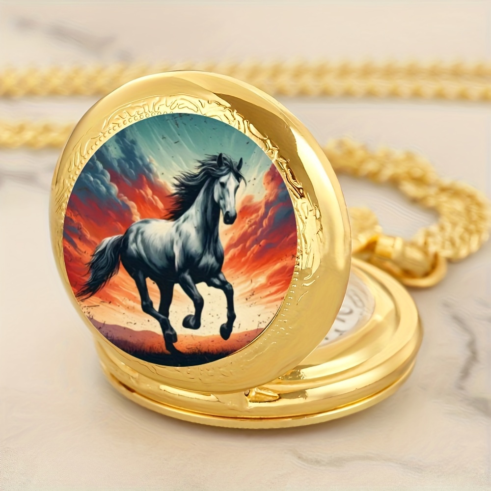 vintage golden running horse quartz pocket watch with necklace chain   mens fashion accessory details 0