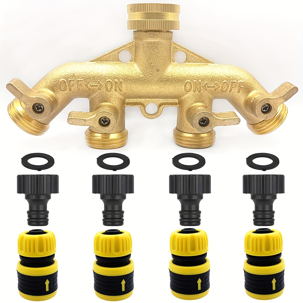 1 Set, Eu Standard Hose Splitter (solid Brass) & Quick Connector (plastic), Adjustable Control Valve Switch Water Into Four, 3/4" Threaded Connect, Gardening & Lawn & Car Washing Supplies