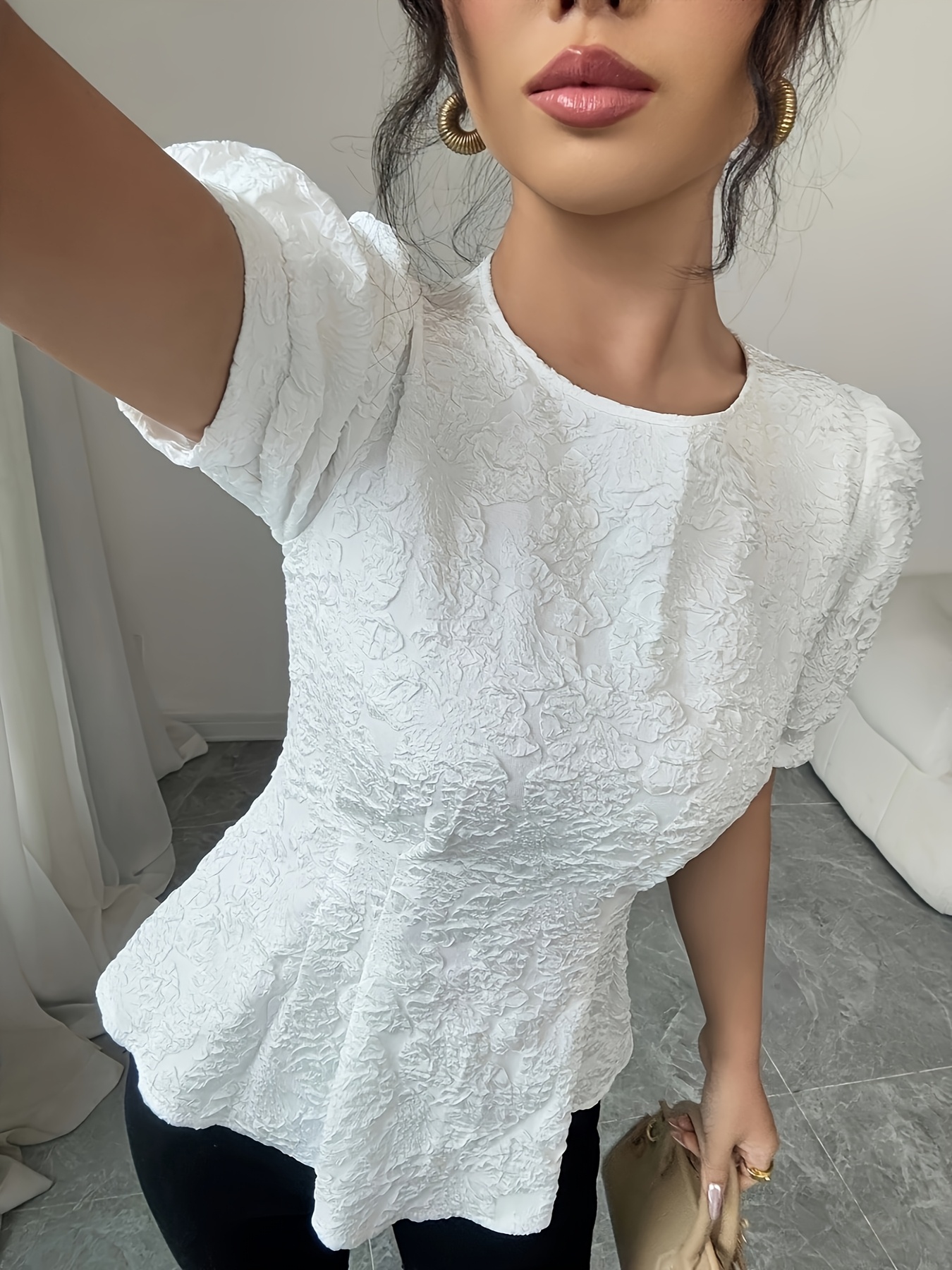 women's elegant floral embossed blouse puff sleeves cinched women's elegant floral embossed blouse puff sleeves cinched