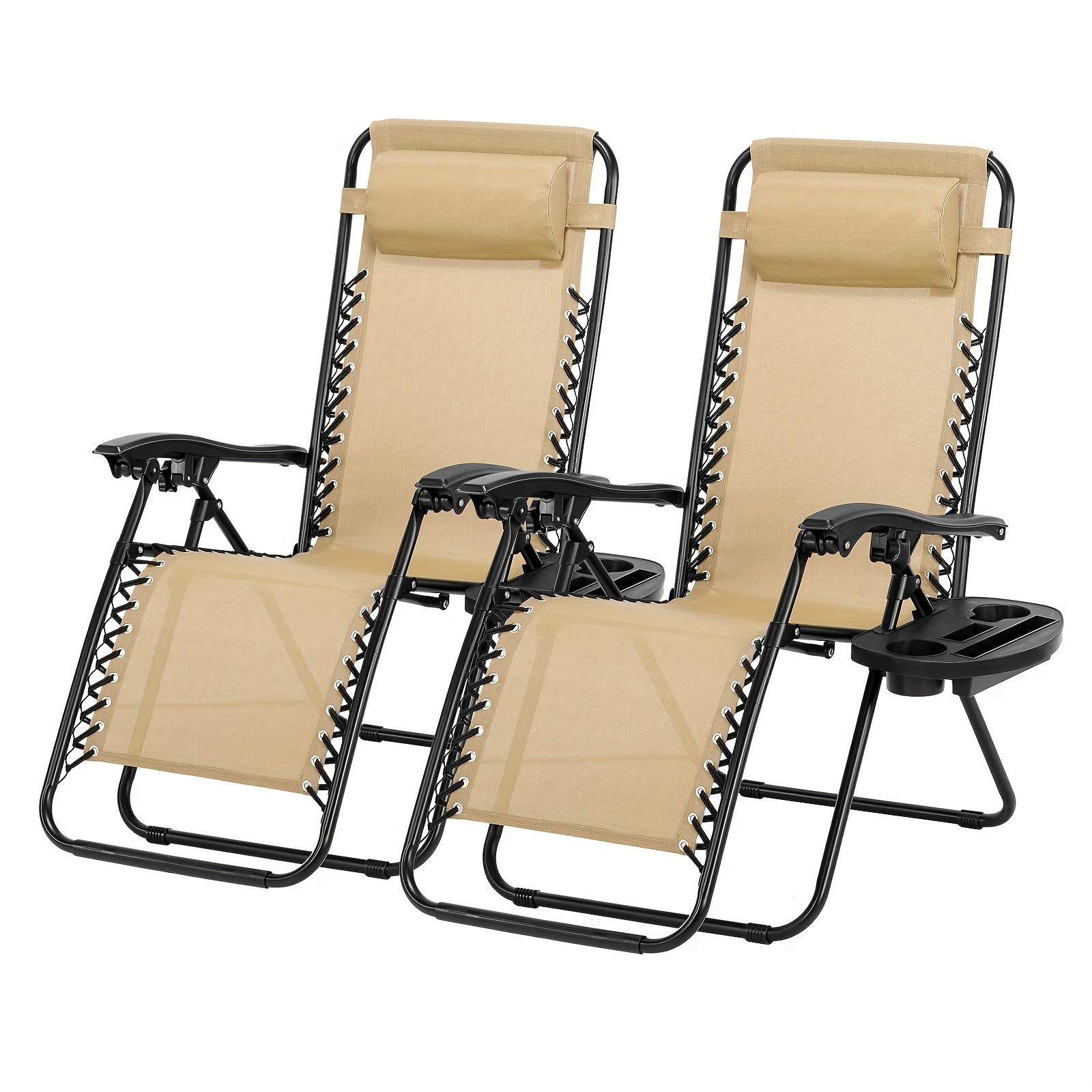 

Gecheer Set Of 2 Adjustable Steel Mesh 0 Gravity Lounge Chair Recliners W/pillows And Cup Holder Trays, Khaki