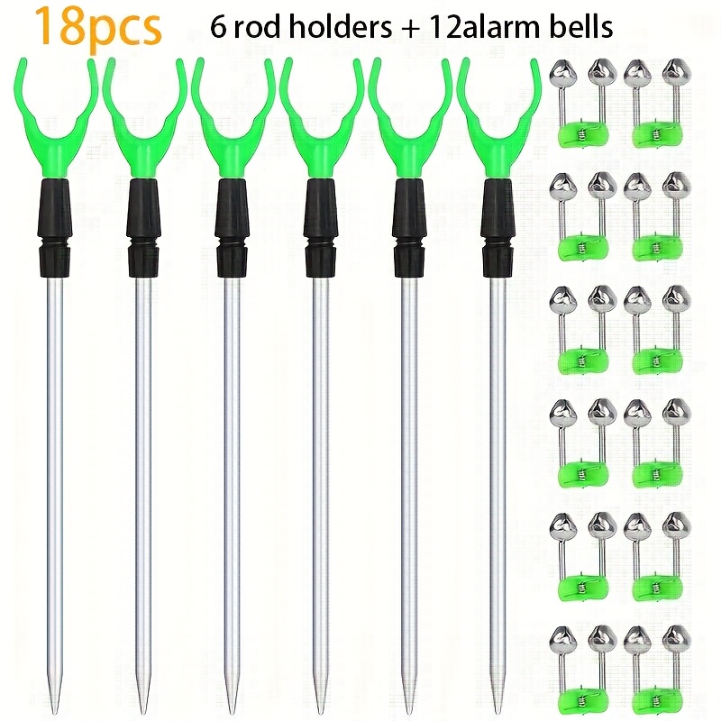 Image of 18pcs Fishing Rod Holder Set For Ground: 6pcs Extendable Telescopic Fishing Pole Holders For Bank Ground Sand With 12 Alarm Bells