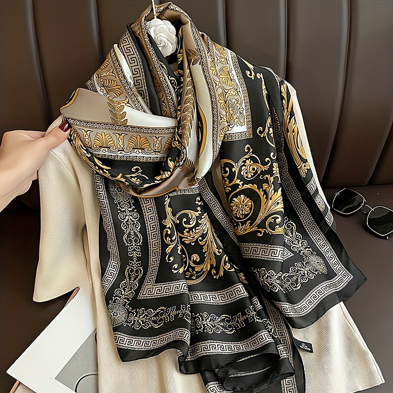 

Luxurious Men's Long Scarf - Elegant Pattern, Lightweight Satin Simulation Silk, & Sun-protective, Shawl For Beach Or Fashion Accessory, Black/golden/white