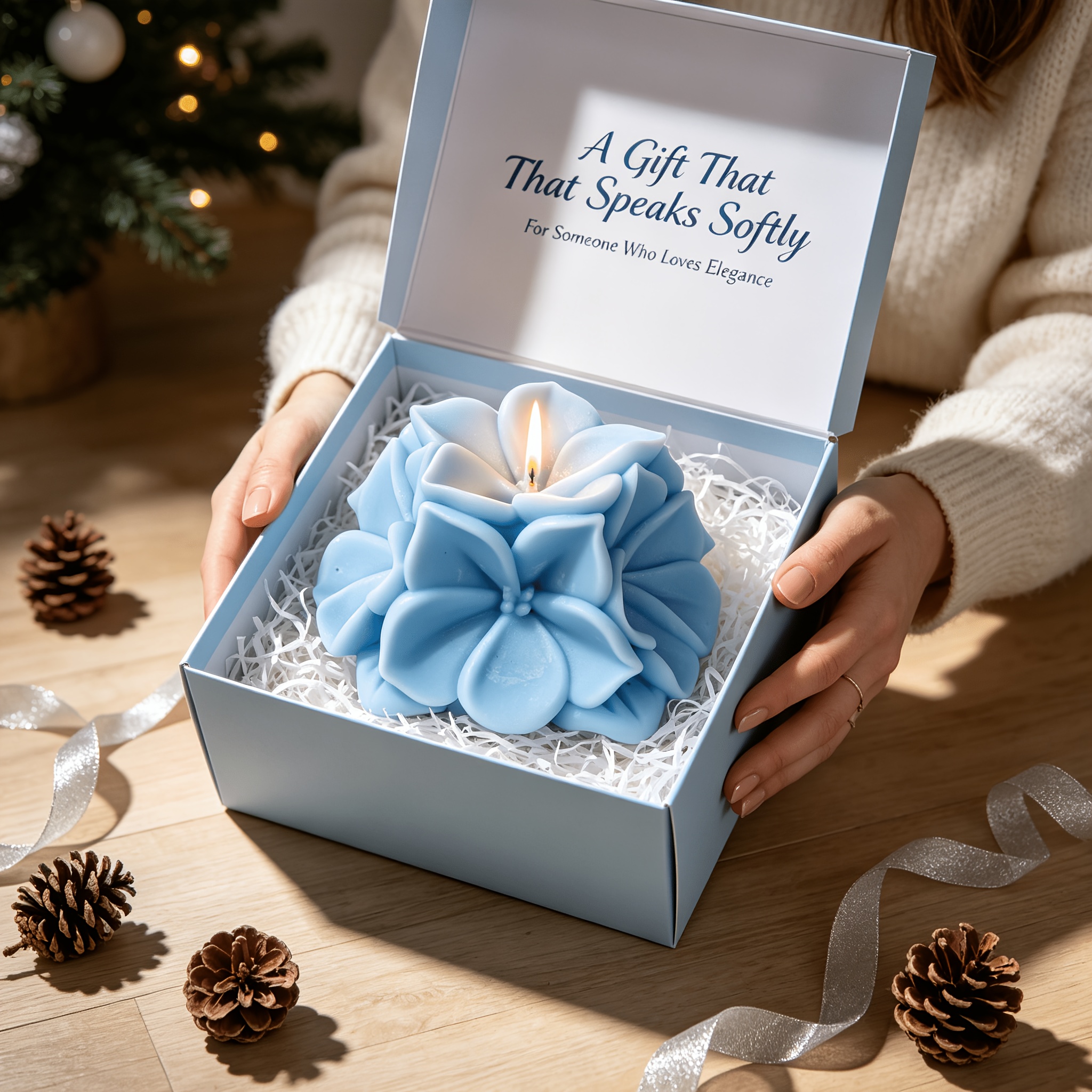 Bluebell Scented Flower Candle Gift Set with Box And Meditation Card - Blue Hydrangea Shaped Wax for Home Decor, Yoga, Spiritual Space - Middle Eastern Serenity Aesthetic - Unique Mindfulness Gift for Her, Birthday, Housewarming