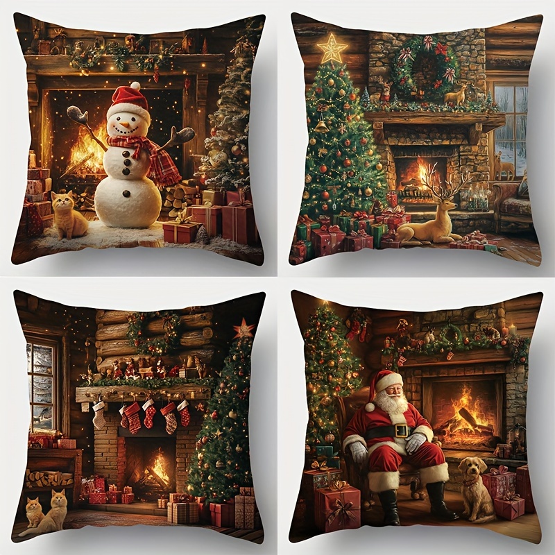 

4-pack Christmas Throw Cushion Covers 17.7" X 17.7" - Contemporary Woven Polyester Zippered Cases For Sofa & Bedroom, Printed Design With Snowman, Santa, Tree, Handwash - No Insert