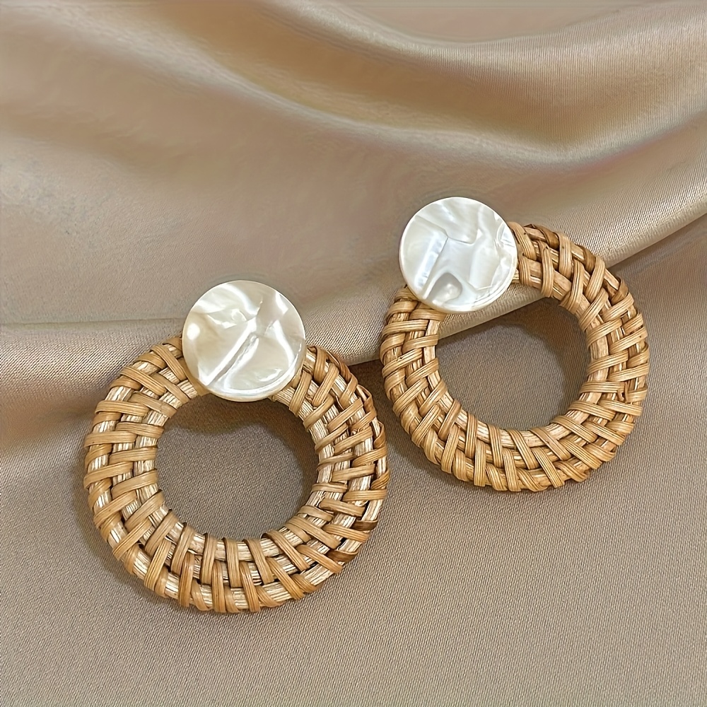 Image of 2pcs Set Bohemian Rattan Hoop Earrings For - Wicker Hoops With Bead-like Rattan Circles, Summer Beach Vacation Jewelry, Festival & Mardi Gras, Unisex Dangle Earrings (no Metal)