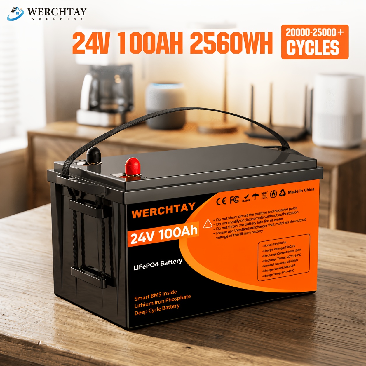 Image of 24v 100ah Lithium Iron Phosphate (lifepo4) Battery With Bms And Cells, 2560wh. It Features Protection And Is Suitable For Off-grid, Camping, Solar, Rv, And Marine Applications.