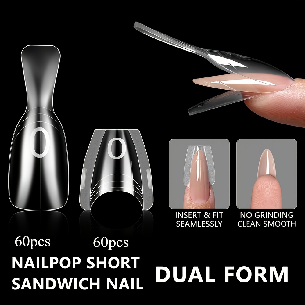 TEMU New Short Oval, Square Sandwich Nail Dual Molds - 120pcs, For Quick Nail Extension, No Paper Molds Needed, 15 Sizes Of Plastic Templates - Nail