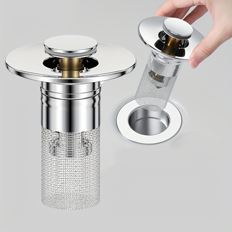 

1pc 2-in-1 Stainless Steel Sink Filter And Stopper, Drain Pipe Compatible, Anti-odor Pop-up Design, Easy Installation, Sleek Bathroom Accessory, Metal Construction
