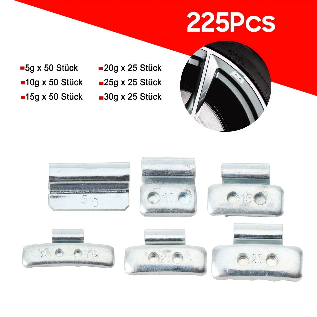 TEMU 5-30g 225x Balancing Weights For Aluminum Wheels, 225pcs (50 Each Of 5g, 10g, 15g, And 25 Each Of 20g, 25g, 30g)