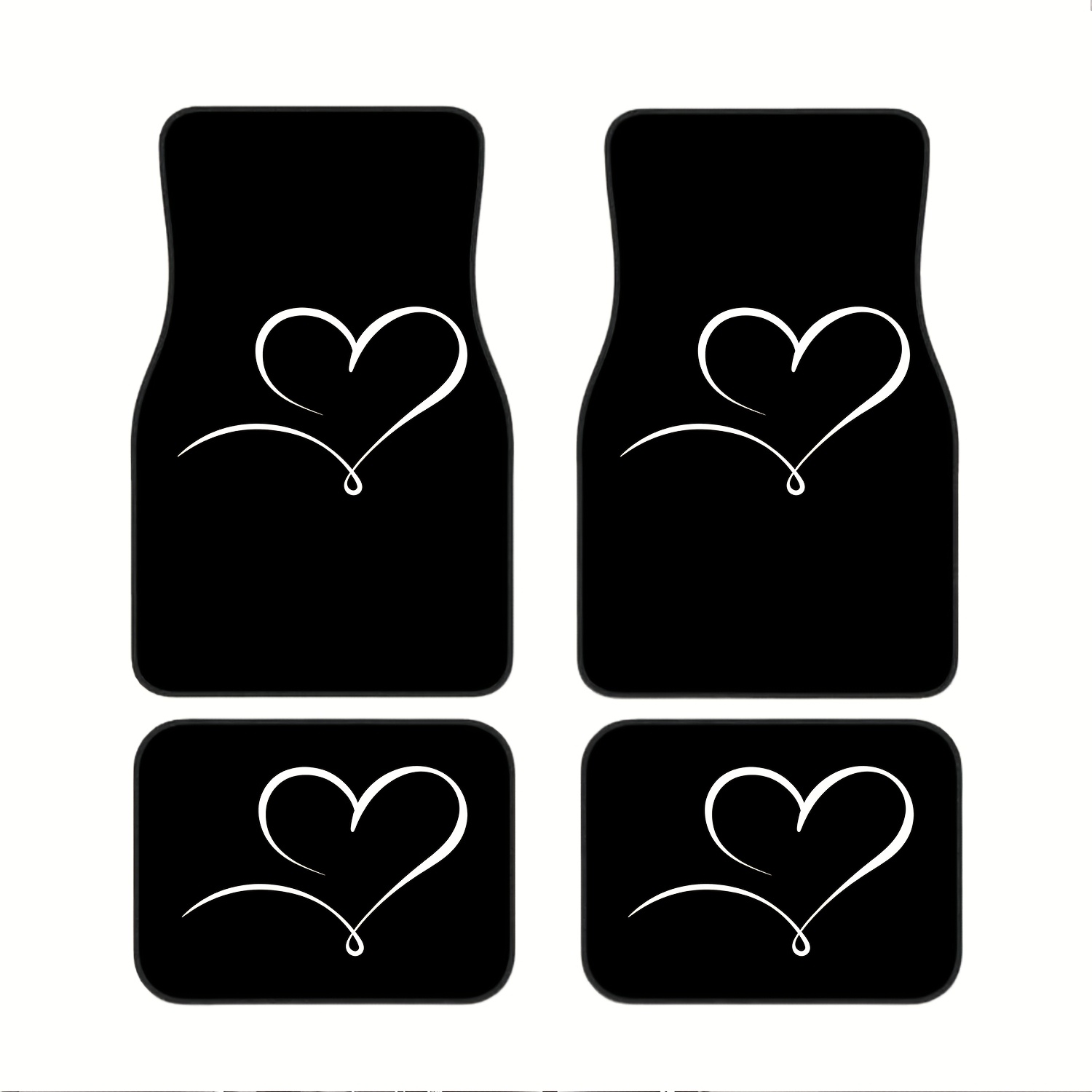 TEMU 4pcs Set Of Anti-crush Thick Car Floor Mats | Black And White Easy Line Heart Pattern - Fashionable And Easy, Creative Decoration For Foot Space