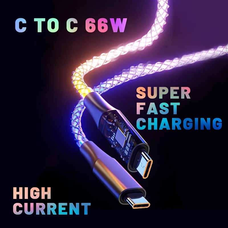 66w usb c fast charging cable 66w 6a fast charging usb c to usb type c luminous rgb nylon braided data cable suitable for   samsung iphone typec full series