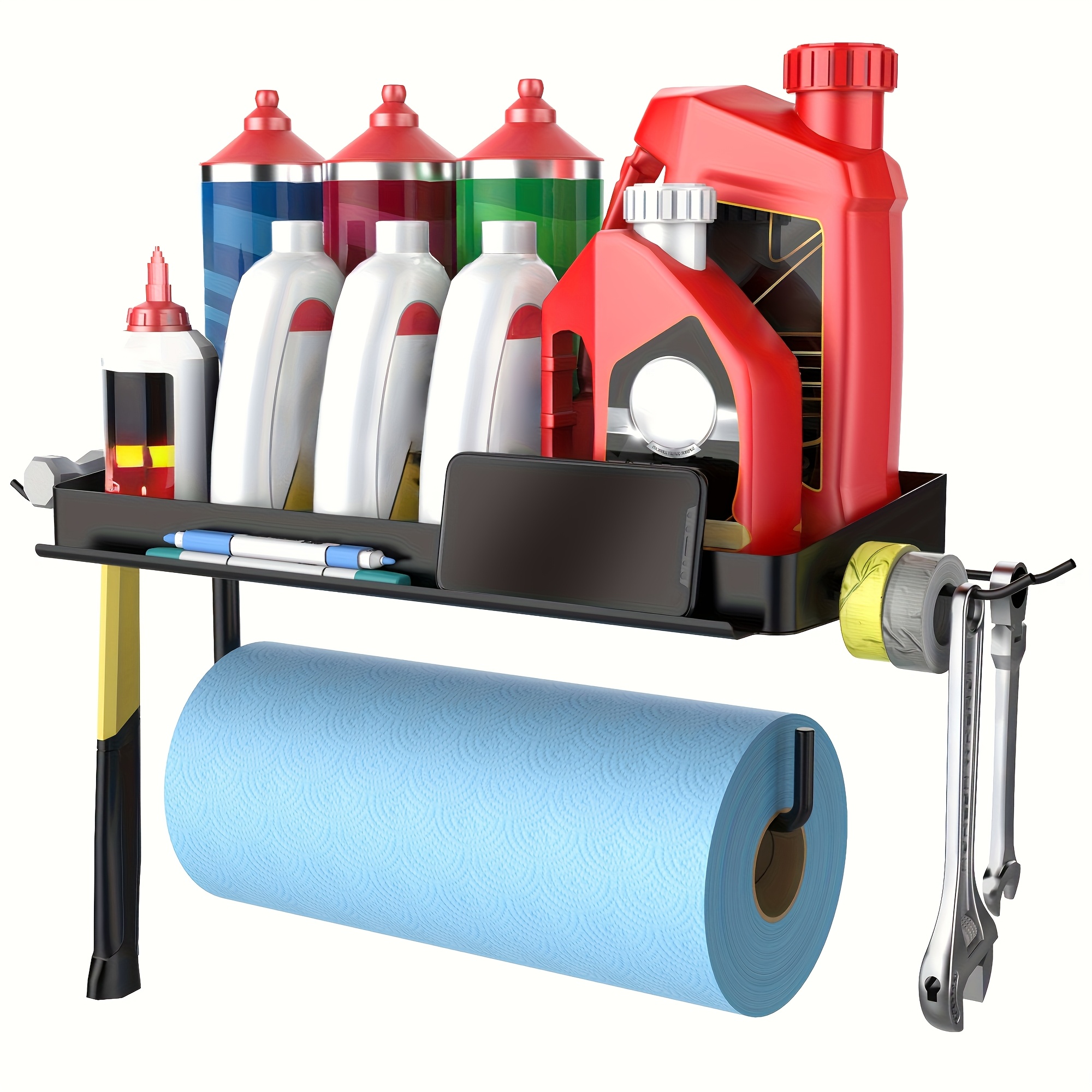 E-shop Garagen-Tissuehalter mit Gestell, schwarzer Eisen-Schwerlast-Tissuehalter mit Haken, wandmontierter -Rollpapierhalter, einfach zu installieren,