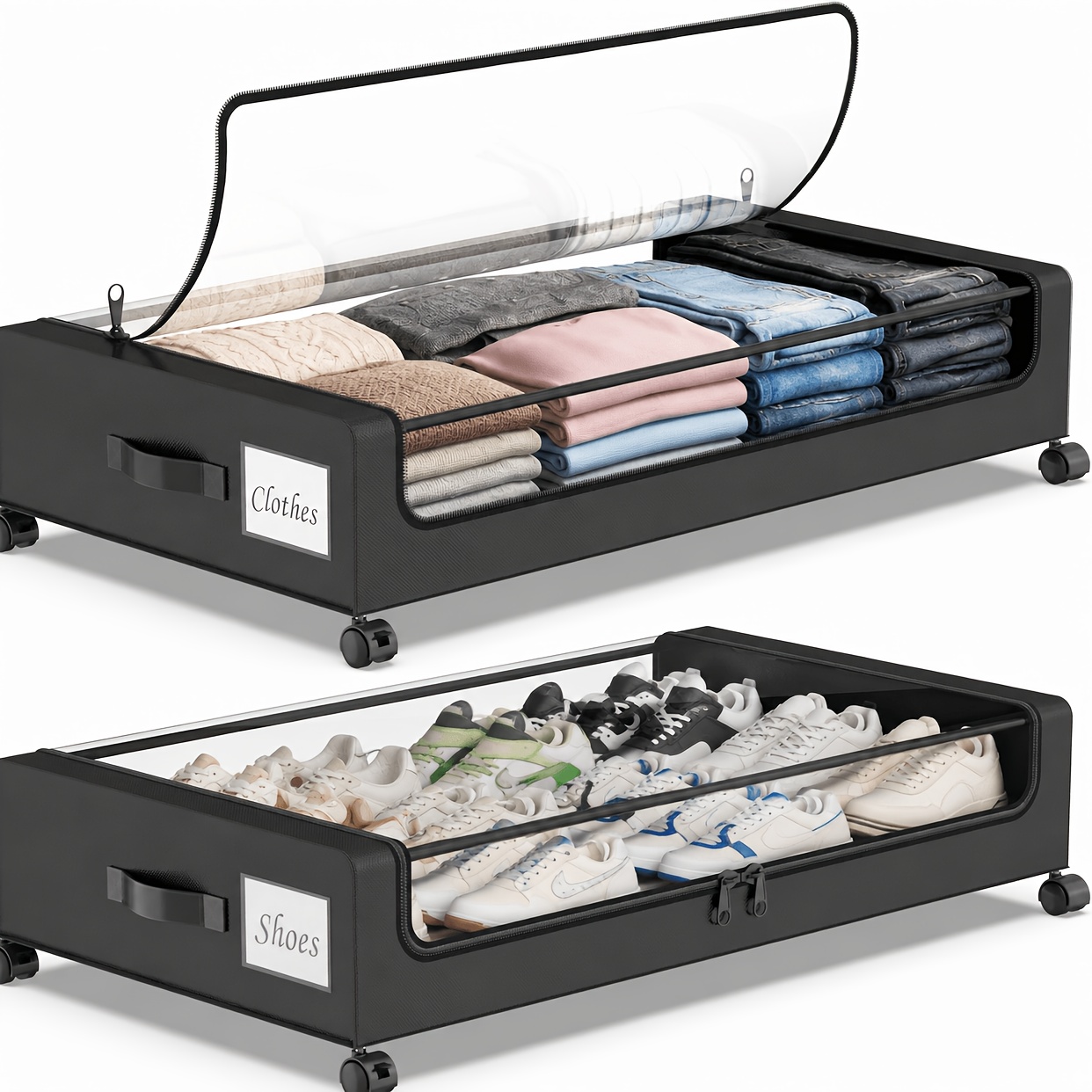 TEMU 2-pack Under Bed Storage With Wheels: Xxl 65l Underbed Storage Containers With Clear Lids - Rolling Drawers And Bins For Shoes, Clothes In Dorm