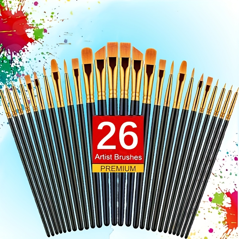 TEMU 26 pièces Set de Pinceaux Professionnels pour - Nylon, Adaptés à la Peinture à l'Huile et Aquarelle - Idéal pour et Débutants - 7 Couleurs