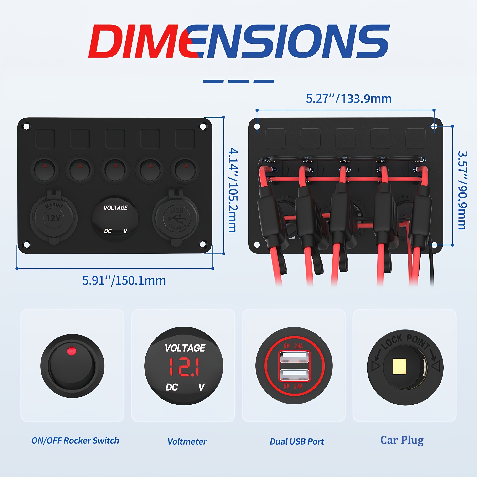 5 Gang Rocker Switch Panel Marine Switch Panel with USB Socket