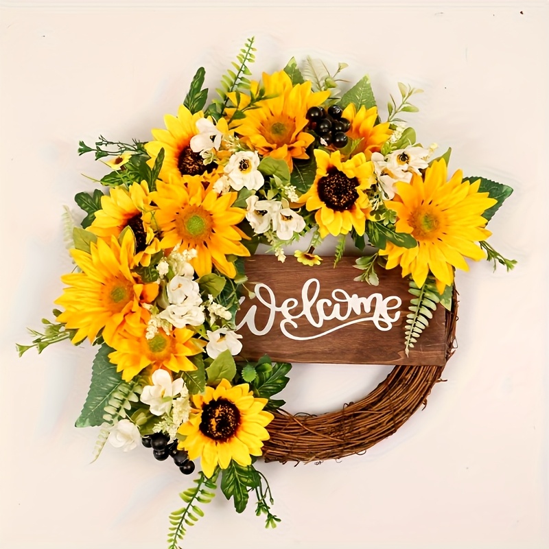 Image of Large Artificial Sunflower Wreath, Sunflower Decorative Garland For Home, Summer And Autumn Decorative Hanging Ornament, Festival Party Supplies, Vine Wreath, Classic Sunflower Wreath