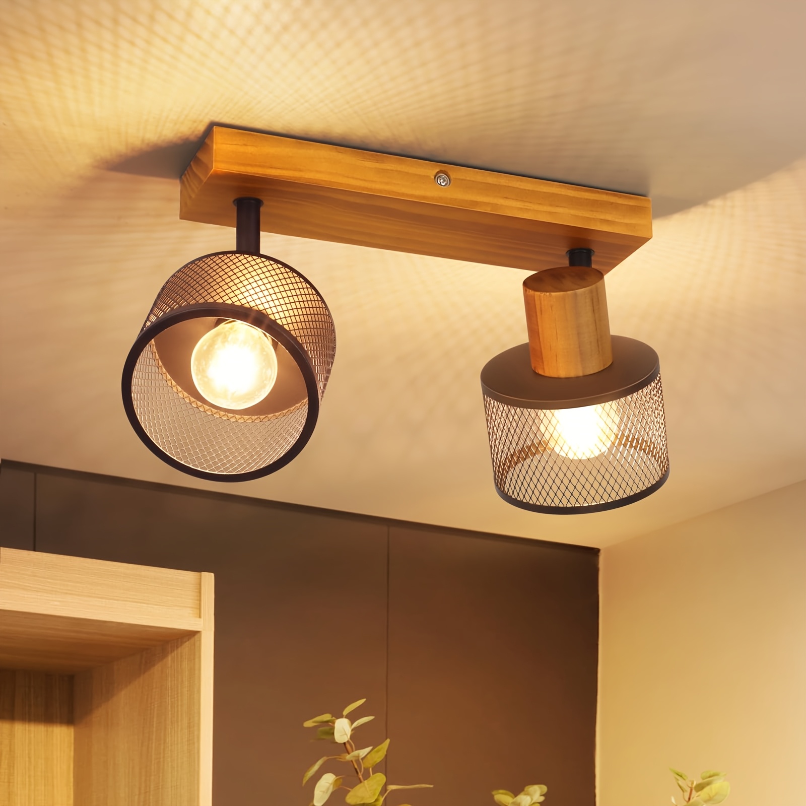 Image of 1pc 2-bulb Ceiling Light, Hallway Ceiling Spotlight, Elegant Hallway Decor, Wooden: Vintage Ceiling Light, E14, 350° Rotation, Hallway, Living Room, Kitchen (bulbs Not Included)