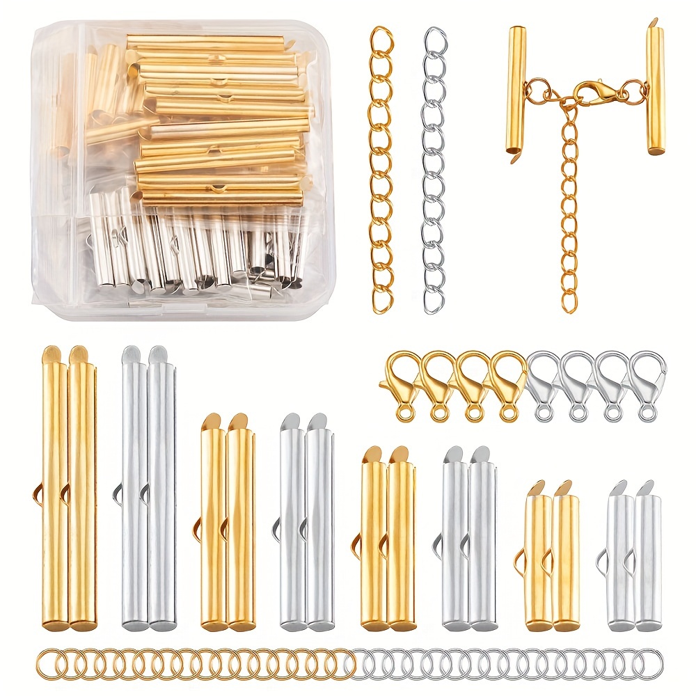 

240pcs/box Jewelry Making Kits Iron Slide On End Clasp Tubes & 304 Stainless Steel Open Jump Rings & Zinc Alloy Lobster Claw Clasps & Iron Extender Chain