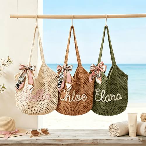 1 personalized custom name womens handbag scarf beach tote bag handbag suitable for beach vacations bridesmaids and mothers day gifts elegant shoulder bag customizable name initial hand washable scarf color random