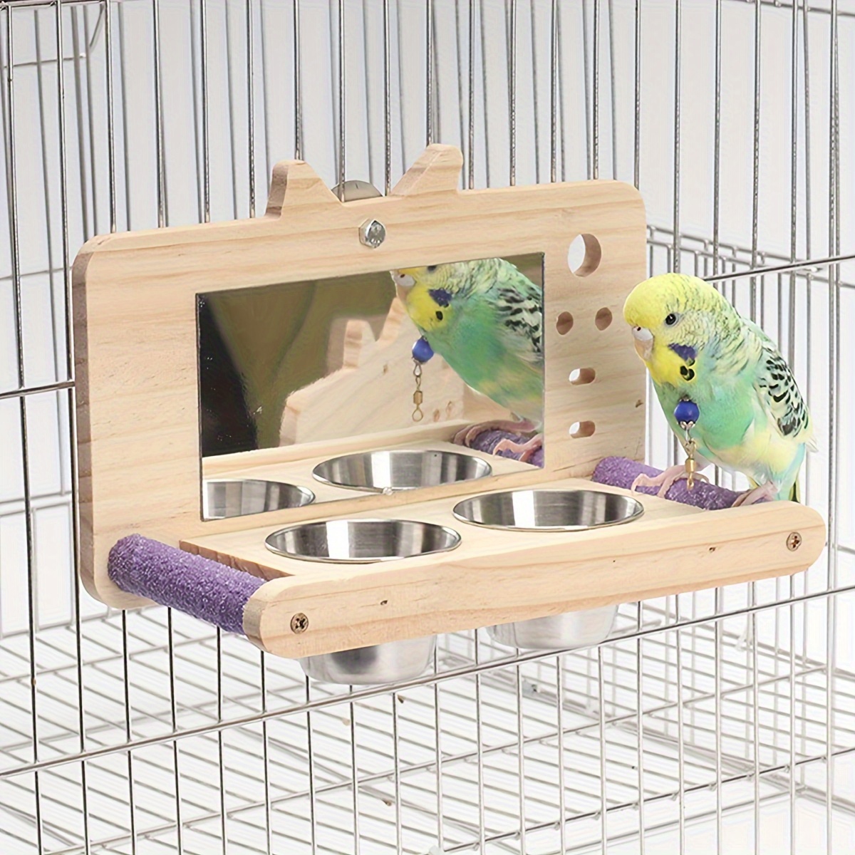 

Bird Feeding Station With Mirror And Perch, Parrot Cage Accessory, Stainless Steel Food And Water Bowls, Nail Trimming Perch, Pet Bird Feeder For Cage - 1 Piece