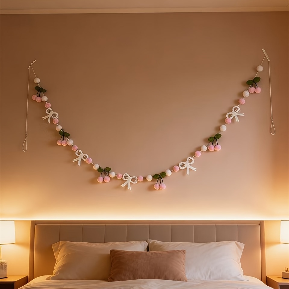Cherry Bow Garland Banner, Cute Pink Red Fruit Bead Decoration