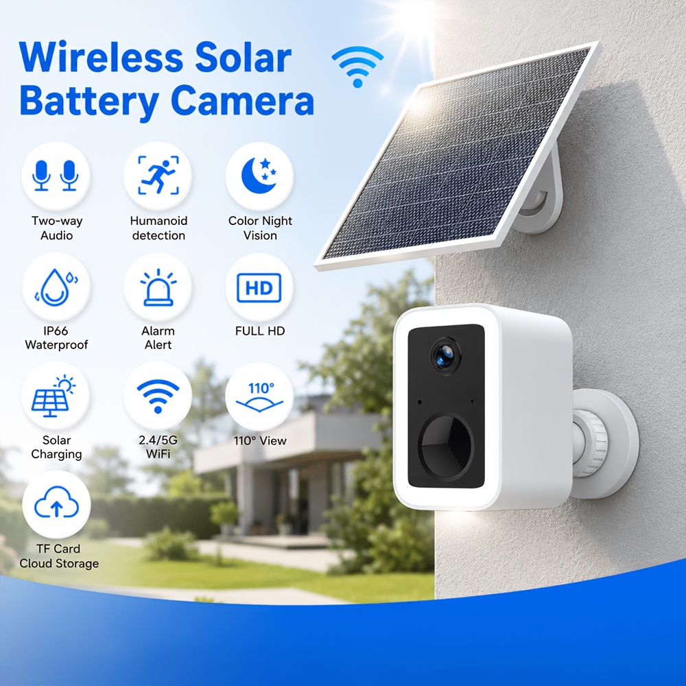 TEMU Vstarcam Solar-powered Security Camera, Outdoor Use, Long-lasting , 2.4g/5ghz Wifi, Home Surveillance, No Wiring Required, , Multi-user , Home