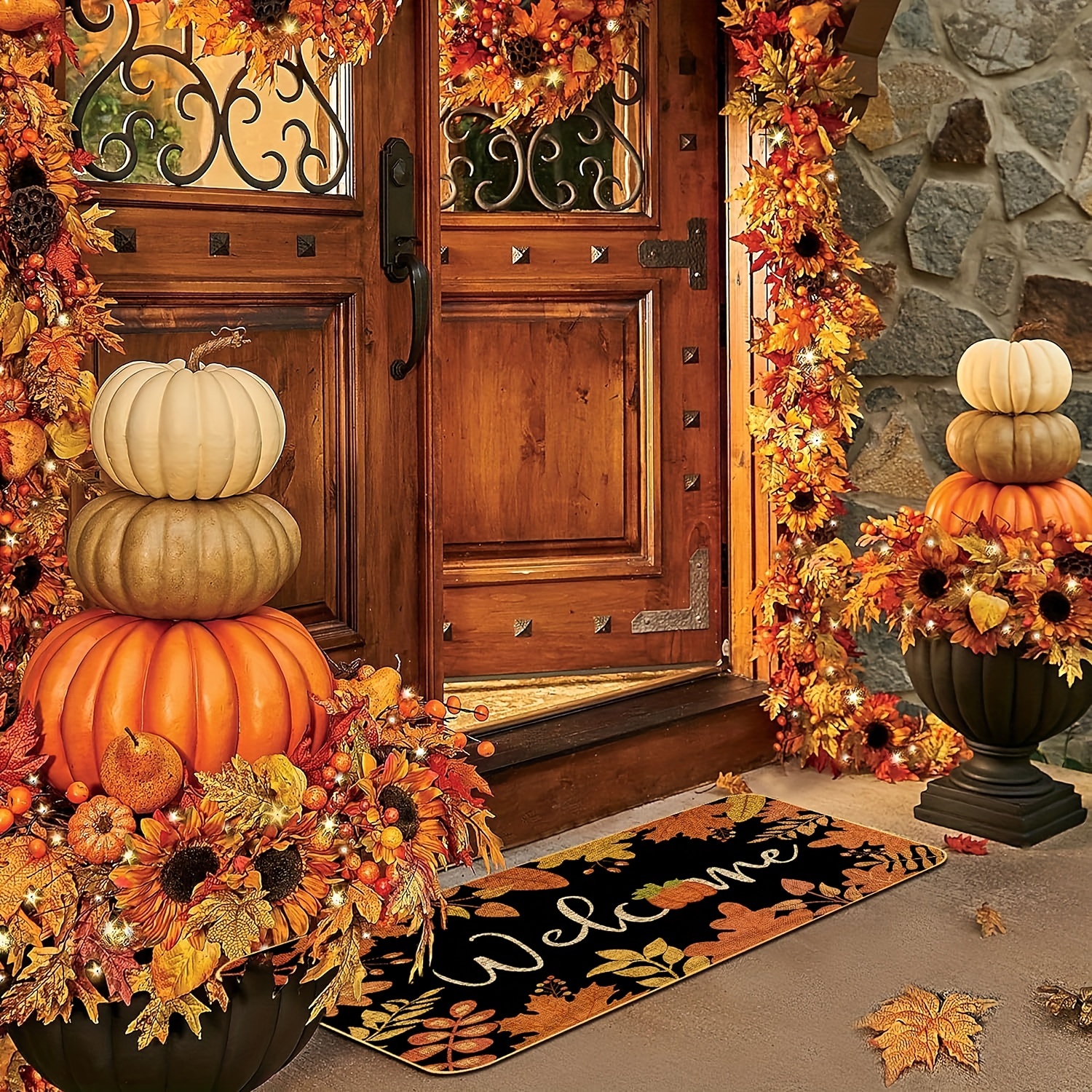 

Autumn Welcome Doormat: Festive Maple Decor For Indoor/outdoor Entrances - Polyester, Washable, Rectangle, 40cm/15.7" To 90cm/35.4" Sizes