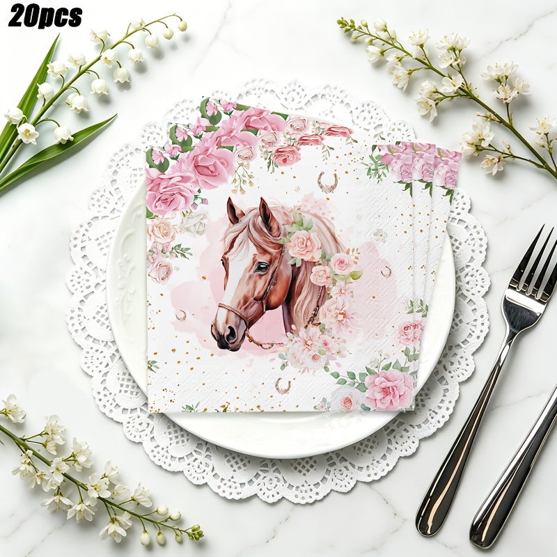 Image of 20pcs Pink Floral Horse Theme Party Napkins, Bohemian Style Disposable Paper Napkins, Elegant Equestrian Themed Table Decor, Party Supplies, Outdoor Dinner/afternoon Tea Accessories