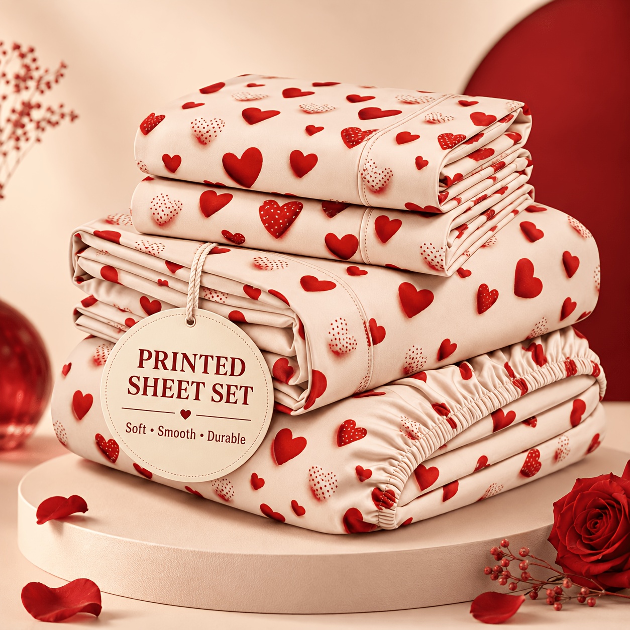 TEMU Heart Print Brushed 4pcs Bedding, Deep Pocket Non Pilling Low Lint Sheets, Pre Washed Shrink Resistant All Season Bedding For Apartment Dorm