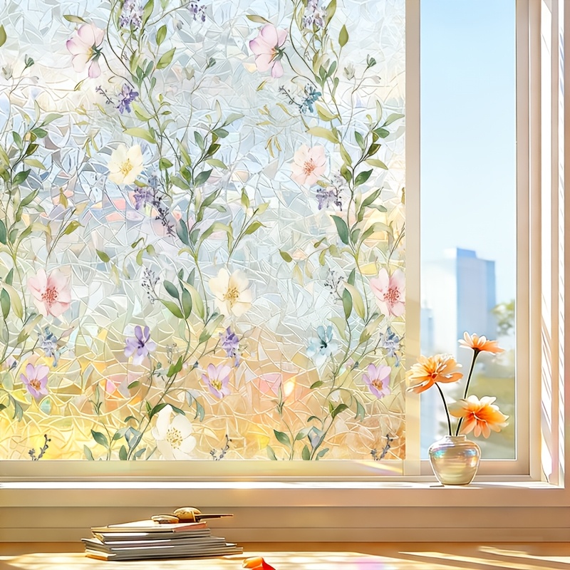 1 roll   watercolor floral static cling window film suitable for bathroom kitchen privacy glass 3d laser iridescent pet film with protection   free suitable for windows mirrors shower doors glass panels