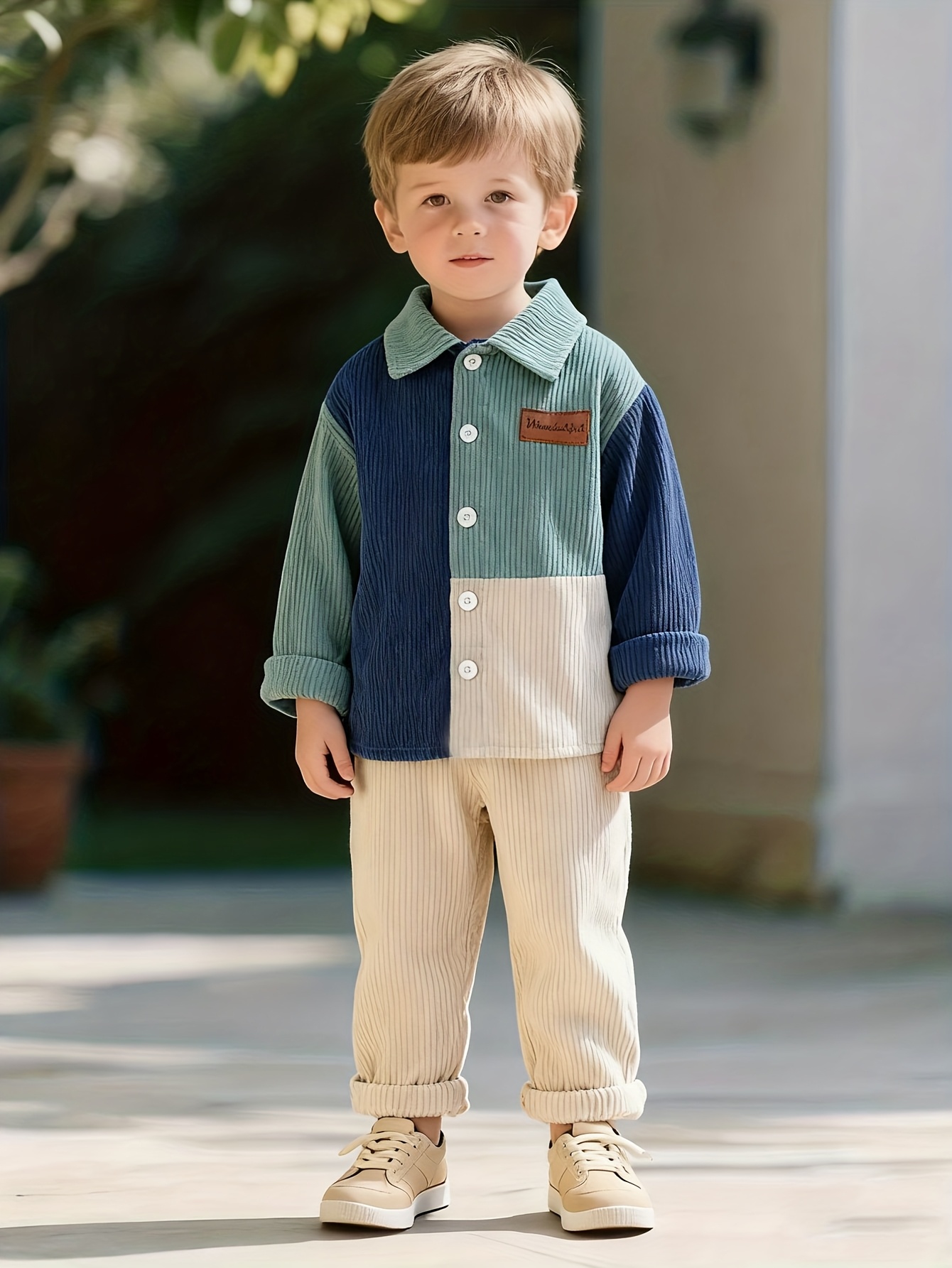 boys autumn     turn collar button long sleeve top peach color elastic waist pants outfit casual two piece set for outdoor Product details 4