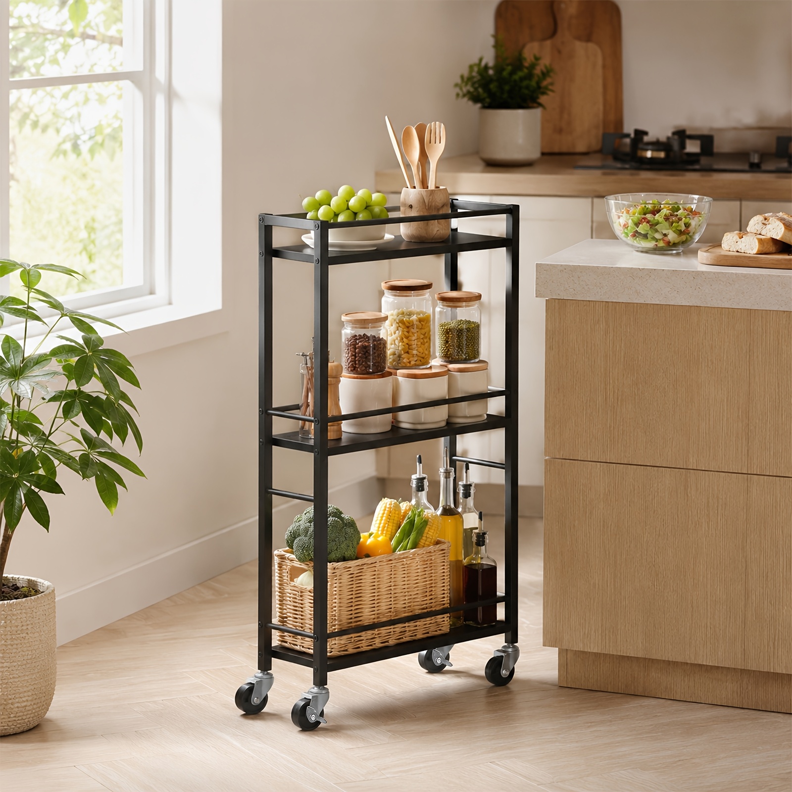 TEMU Narrow Rolling Kitchen Cart With Wheels, Slim Rolling Storage Cart, Mobile Multifunctional Cart, Wooden Kitchen Storage Rack, Suitable For Small