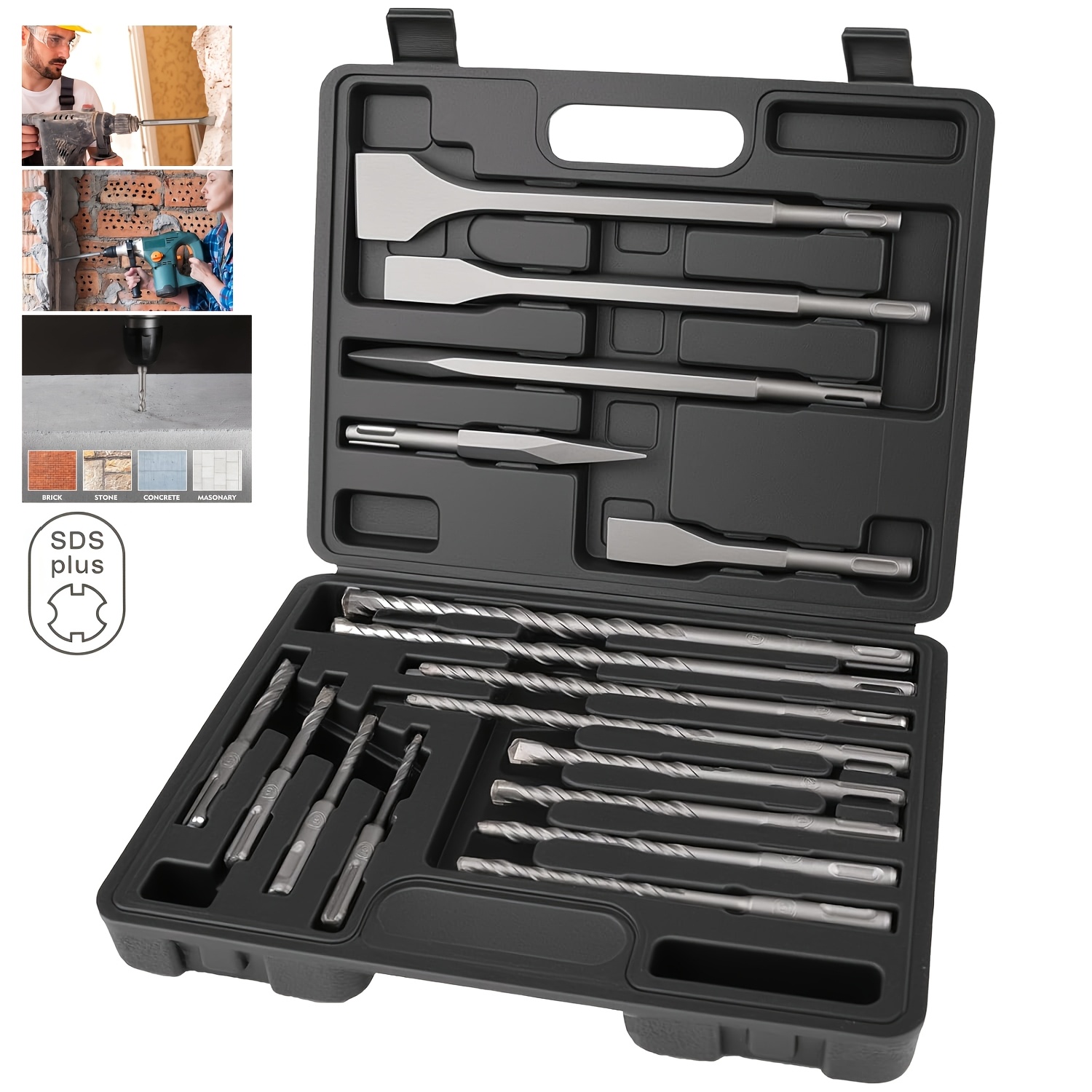 TEMU Jeu de 17 forets à maçonnerie à pointe en carbure de tungstène SDS Plus avec boîte de rangement - Construction en fer durable, convient pour le