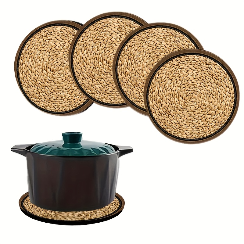 TEMU A Set Of 4 Round 2d Printed Woven-pattern Wooden Coasters, Kitchen Table Heat Insulation Pads, Perfect For Festive Events, An For Bars, Offices,