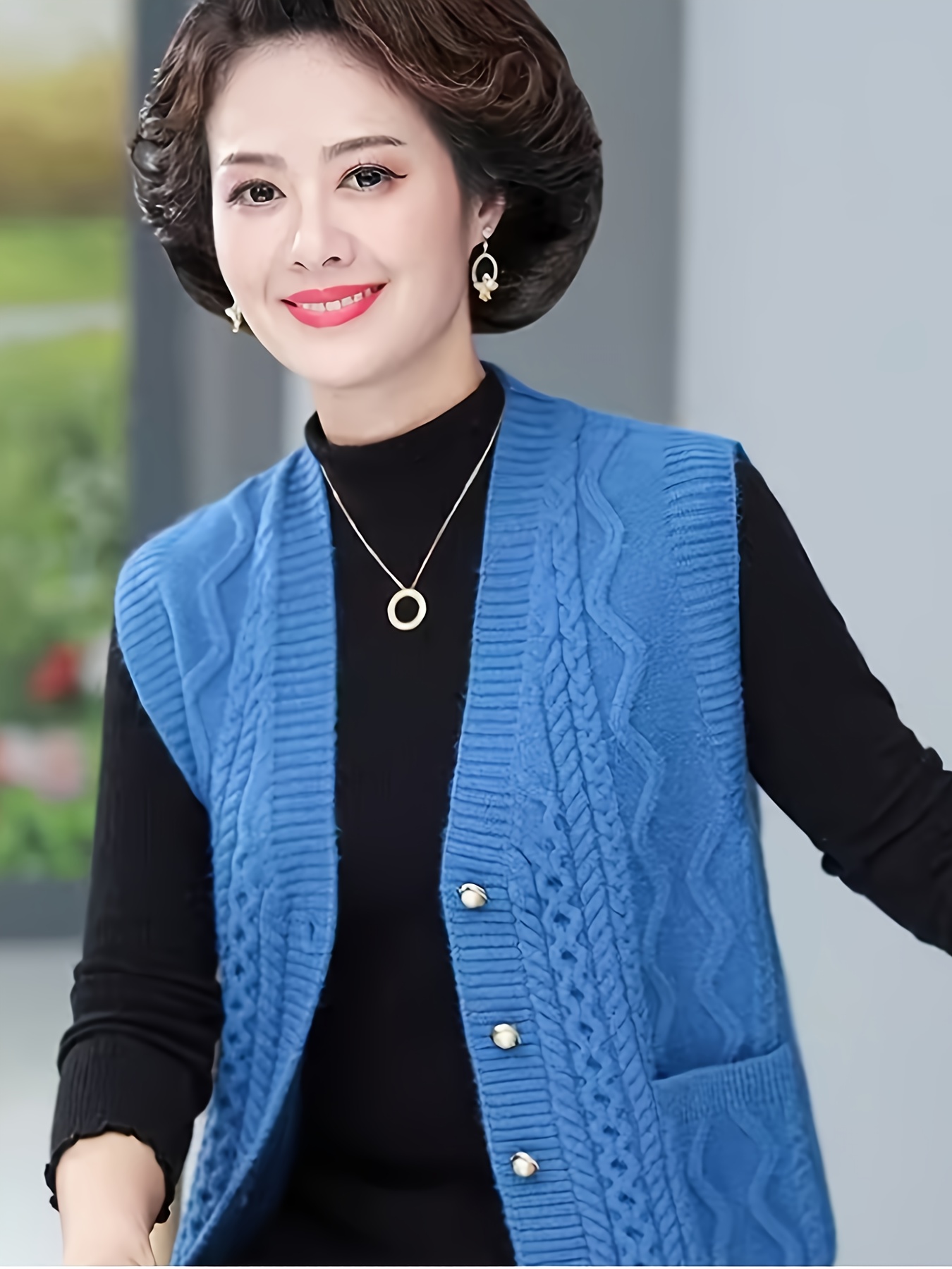 v-hals mouwloze vest voor vrouwen - kabelontwerp met knopen,     casual laagje voor lente & herfst, handwasbaar regular fit, herfstovertop, gestructureerd stof, lichtgewicht coverup, ademend materiaal, volwassenenkleding 2
