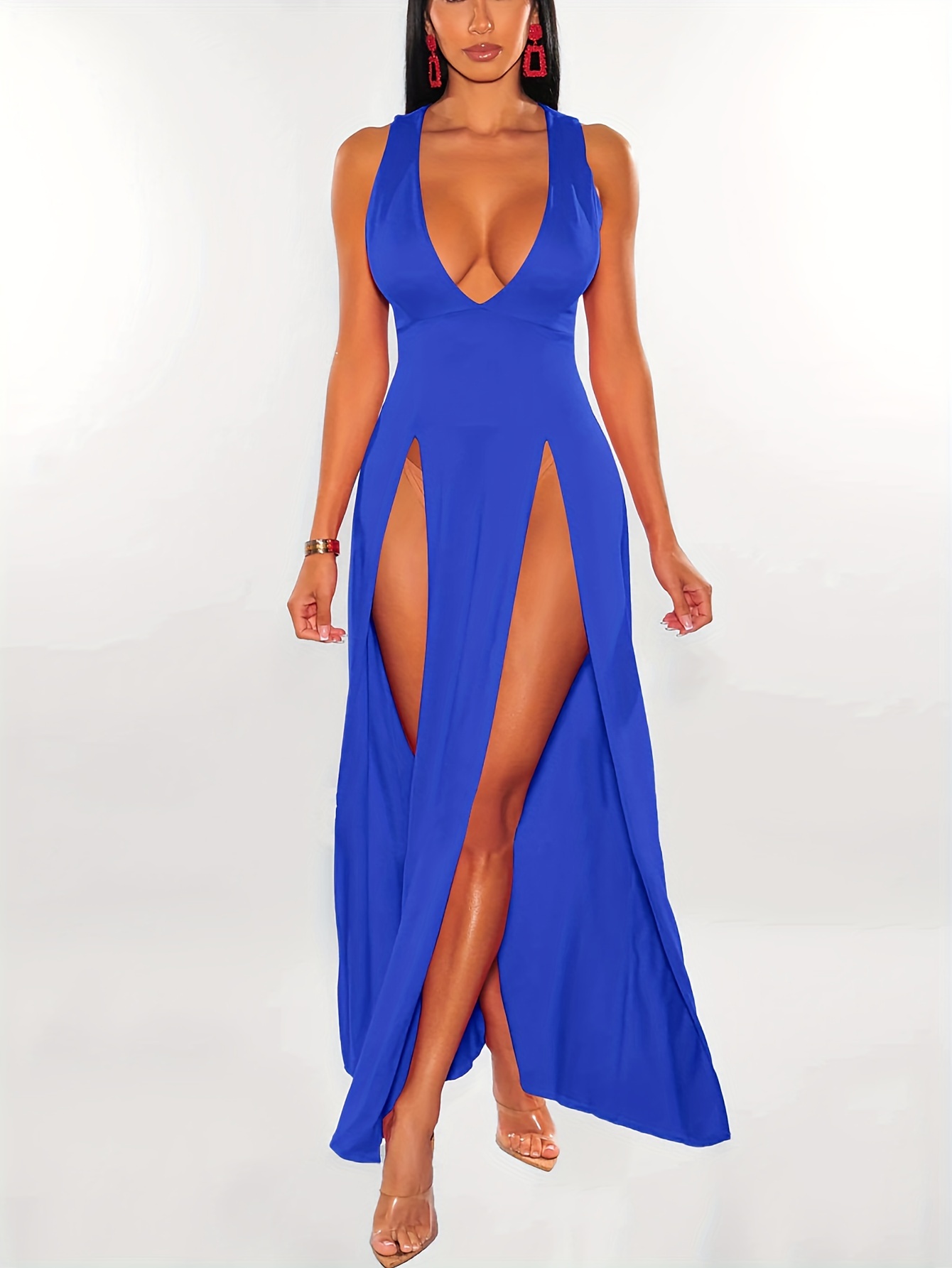 princess polly baby blue dress high slit deep v neck dress plain color party evening
