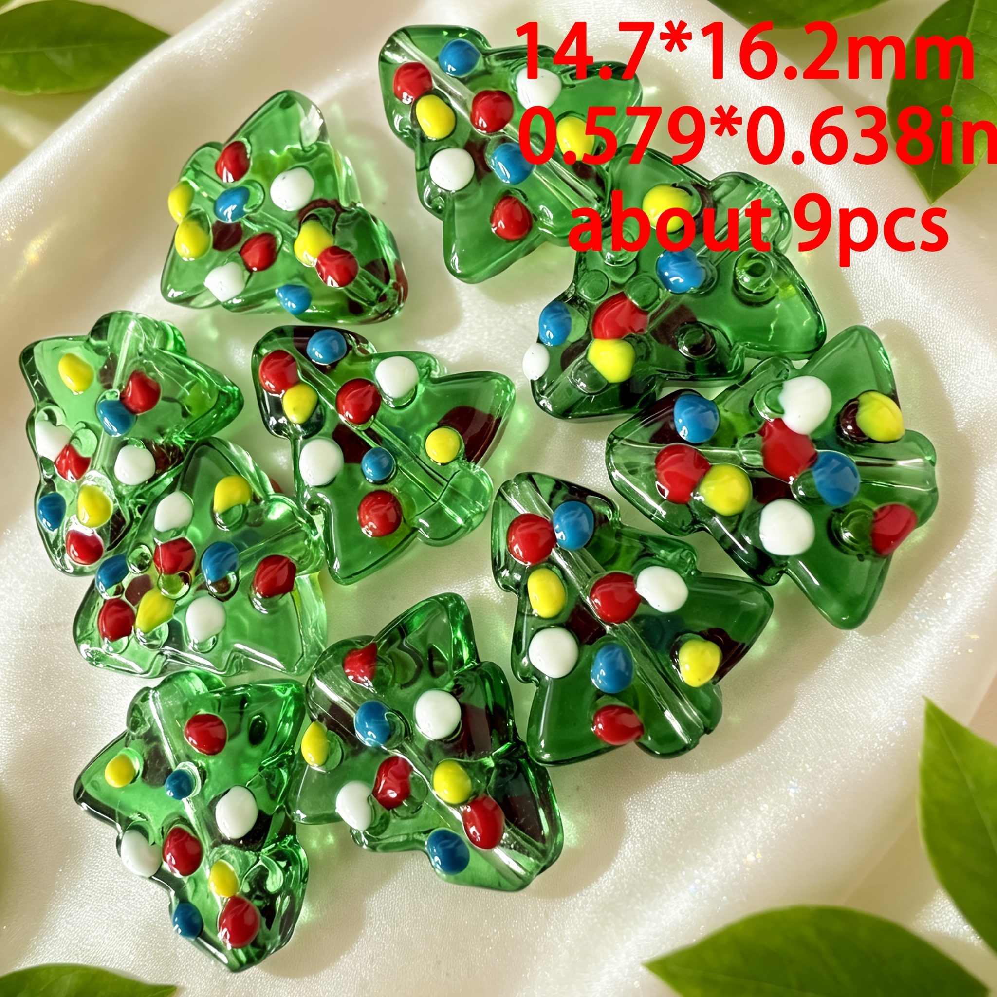 TEMU Beads And Bead Assortments, Approximately 9pcs, 14.7 X 16.2mm, Multi-colored Christmas Tree Shaped Glass Beads, Translucent Beads With Holes,