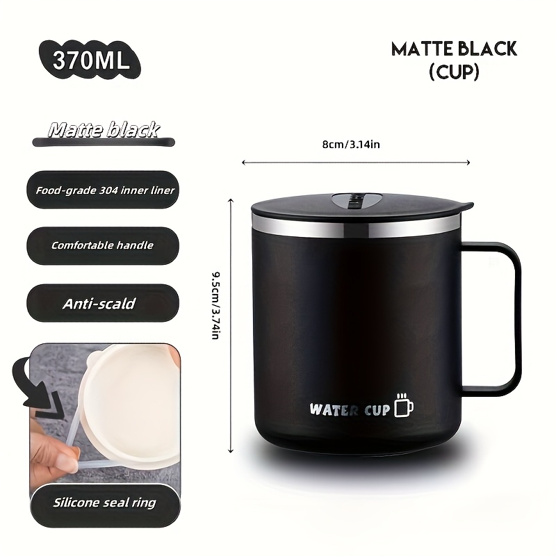 TEMU 1 pièce Mug en Acier Inoxydable 304 Alimentaire 370ml avec Poignée, Couvercle et Joint, -Fuites, Tasse à Café Résistante à la Chaleur avec